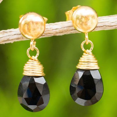 24k gold plated onyx dangle earrings, 'Black Sunrise' - Onyx Dangle Earrings Hand Crafted in Thailand