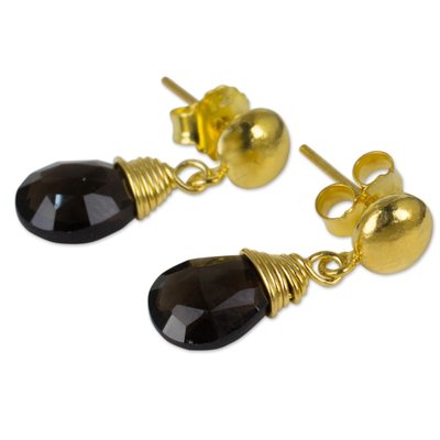 24k gold plated smoky quartz dangle earrings, 'Smoky Sunrise' - Earrings with 24k Gold Plated Silver and Smoky Quartz