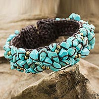 Calcite cuff bracelet, 'Sky Blue Day' - Turquoise colour Bead Bracelet on Brown Crocheted Cords
