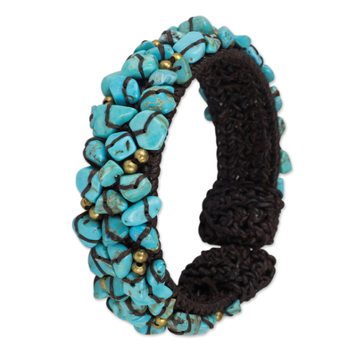 Calcite cuff bracelet, 'Sky Blue Day' - Turquoise Color Bead Bracelet on Brown Crocheted Cords