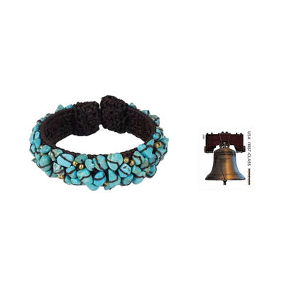 Calcit-Manschettenarmband - Türkisfarbenes Perlenarmband an braunen gehäkelten Kordeln
