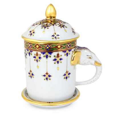 Benjarong porcelain mug, 'Charmed Thai' - White Porcelain Benjarong Mug and Lid with Gold Application