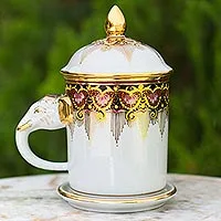 Benjarong porcelain mug, 'Thai Iyara' - Benjarong White Elephant Coffee Mug and Lid with Gold Paint