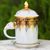 Benjarong porcelain mug, 'Thai Iyara' - Benjarong White Elephant Coffee Mug and Lid with Gold Paint thumbail