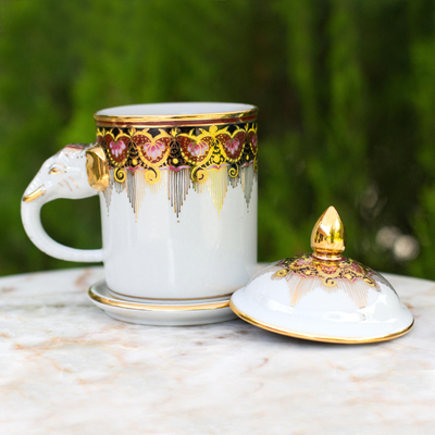Benjarong porcelain mug, 'Thai Iyara' - Benjarong White Elephant Coffee Mug and Lid with Gold Paint