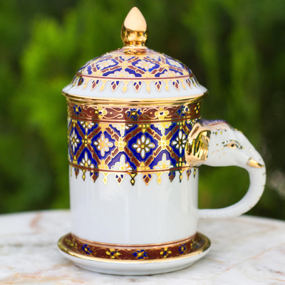 Benjarong porcelain mug, 'Thai Elixir' - White Porcelain Lidded Benjarong Mug with Gold Application