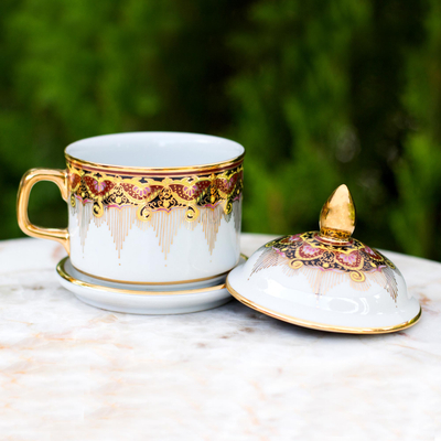 Taza de té de porcelana Benjarong - Taza de té y tapa de elefante blanco Benjarong con pintura dorada