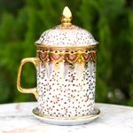 Benjarong porcelain mug, 'Thai Celebration' - Pink and Gold Flower Benjarong White Coffee Mug and Lid