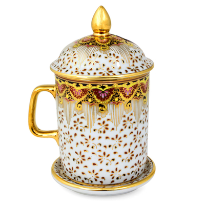 Benjarong porcelain mug, 'Thai Celebration' - Pink and Gold Flower Benjarong White Coffee Mug and Lid