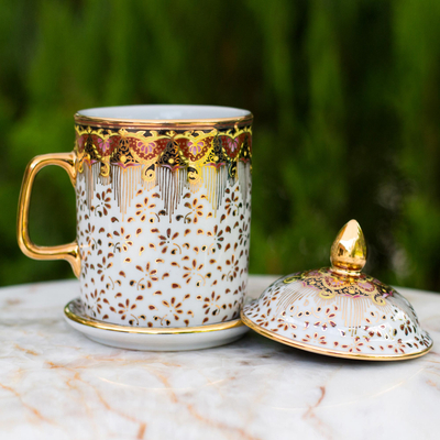 Benjarong porcelain mug, 'Thai Celebration' - Pink and Gold Flower Benjarong White Coffee Mug and Lid