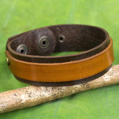 Leather bracelet, 'Rough and Tumble in Brown' - Handmade Two Tone Brown Leather Bracelet with Snaps