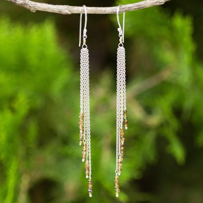 Yellow sapphire waterfall earrings, 'Power of Nature' - Long Sterling Silver and Yellow Sapphire Waterfall Earrings