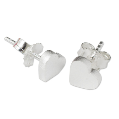 Sterling silver heart stud earrings, 'For Love' - Brushed Sterling Silver 925 Petite Heart Stud Earrings