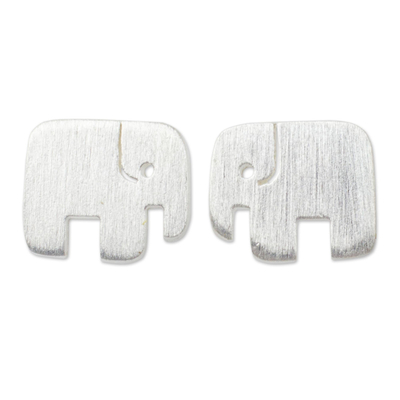 Sterling silver stud earrings, 'Elephant Couple' - Hand Crafted Elephant Stud Earrings in Brushed Silver