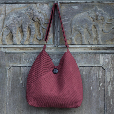 Cotton hobo bag with coin purse, 'Surreal Wine' - Unique Cotton Pintuck Style Shoulder Bag in Wine Red