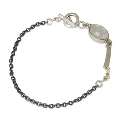 Rainbow moonstone pendant bracelet, 'Midnight Dreamer' - Modern Hand Crafted Sterling Silver Bracelet with Moostone a