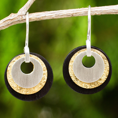 Wood and mixed metal earrings, 'Concentric Moons' - Gold Plated Silver and Wood Earrings with Sterling Silver