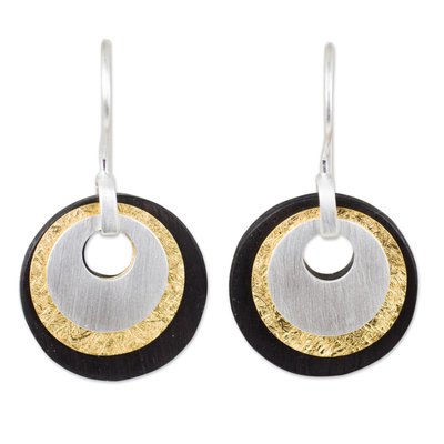 Wood and mixed metal earrings, 'Concentric Moons' - Gold Plated Silver and Wood Earrings with Sterling Silver