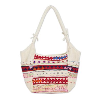 Cotton shoulder bag, 'Lahu Carnival' - Thai Colorful Embroidered White Cotton Shoulder Bag
