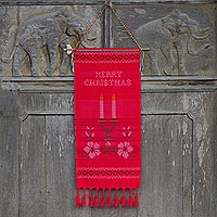 Cotton wall hanging, 'Merry Christmas' - Hand Woven Merry Christmas Wall Hanging in Red Cotton