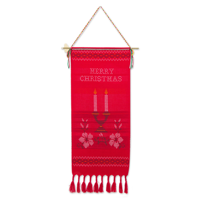 Hand Woven Merry Christmas Wall Hanging in Red Cotton
