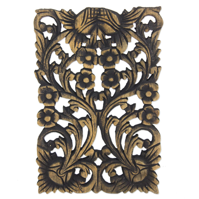 Artisan Crafted Teakwood Floral Wall Relief Panel