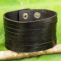 Men's leather wristband bracelet, 'Lanna Destiny' - Black Leather Wristband Bracelet for Men from Thai Artisan