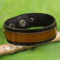 Leather bracelet, 'Rough and Tumble in Black' - Unisex Leather Bracelet in Black and Brown with Brass Snaps