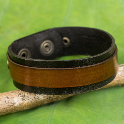 Leather bracelet, 'Rough and Tumble in Black' - Unisex Leather Bracelet in Black and Brown with Brass Snaps