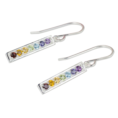 Multigemstone chakra earrings, 'Chakra Honor' - Multi Gemstones on Sterling Silver Bar Chakra Earrings