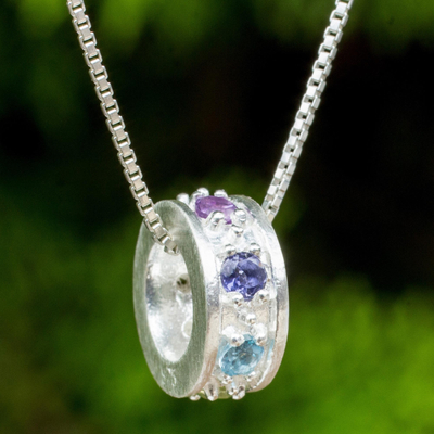 Multigemstone chakra pendant necklace, 'Chakra Honor Cycle' - Chakra Wheel Multiple Gemstones on Sterling Silver Necklace
