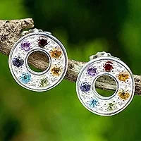 Pendientes chakra multipiedras - Chakra rueda Múltiples piedras preciosas en aretes de plata esterlina