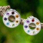 Multigemstone chakra earrings, 'Chakra Honor Wheel' - Chakra Wheel Multiple Gemstones on Sterling Silver Earrings