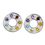 Multigemstone chakra earrings, 'Chakra Honor Wheel' - Chakra Wheel Multiple Gemstones on Sterling Silver Earrings