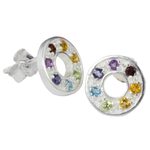 Multigemstone chakra earrings, 'Chakra Honor Wheel' - Chakra Wheel Multiple Gemstones on Sterling Silver Earrings