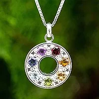 Multigemstone chakra pendant necklace, 'Chakra Honor Wheel' - Artisan Crafted Silver and Gemstone Chakra Pendant Necklace