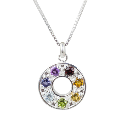 Multigemstone chakra pendant necklace, 'Chakra Honor Wheel' - Artisan Crafted Silver and Gemstone Chakra Pendant Necklace