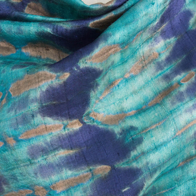 Mantón de seda - Chal de seda teñido anudado azul y verde azulado artesanal tailandesa