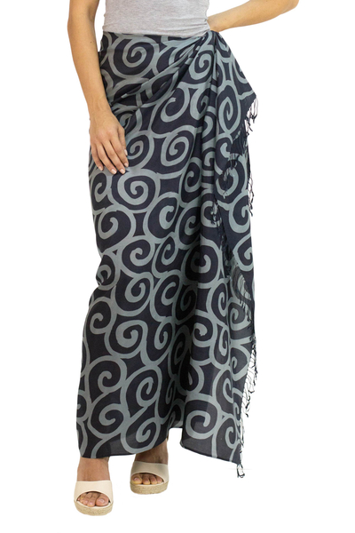 Silk batik sarong, 'Ebony Spiral' - Silk Batik Sarong in Black and Grey from Thailand