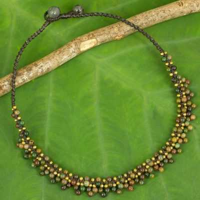 Jasper beaded pendant necklace, 'Rainforest Horizon' - Jasper and Brass Beaded Ethnic Style Necklace