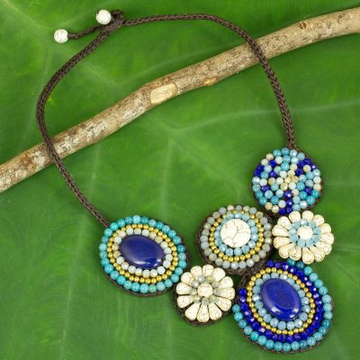 Calcite beaded necklace, 'Icy Sky' - Blue and White Beaded Necklace Thai Ethnic Style