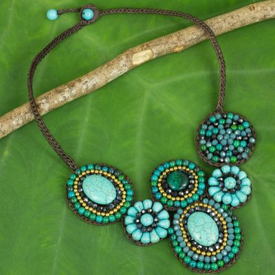 Calcite beaded necklace, 'Icy Forest' - Blue and Green Beaded Necklace Thai Ethnic Style