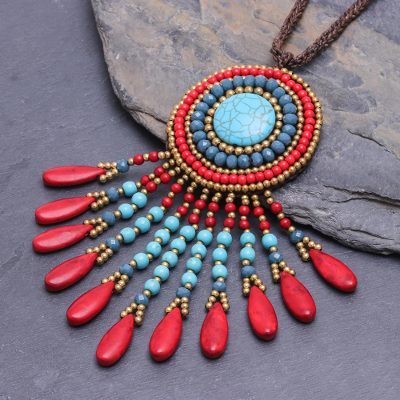 Beaded pendant necklace, 'Waterfall Sun' - Blue Orange Bohemian Style Beaded Necklace from Thailand