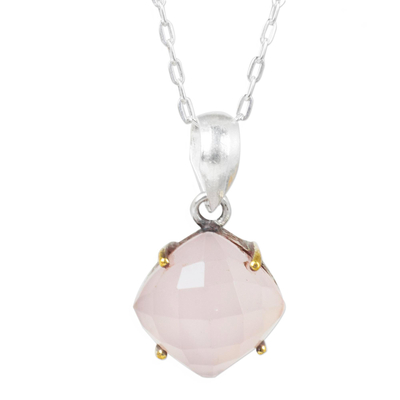 Pink chalcedony pendant necklace, 'Modern Sensibilities' - Faceted Pink Chalcedony Pendant Necklace from Thai Artisan