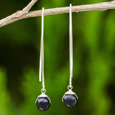 Cultured freshwater pearl dangle earrings, 'Simple Glamour' - Dangle Earrings with Black Cultured Freshwater Pearls