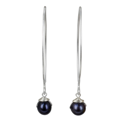 Cultured freshwater pearl dangle earrings, 'Simple Glamour' - Dangle Earrings with Black Cultured Freshwater Pearls
