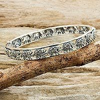 Marcasite bangle bracelet, 'Elephants of Siam' - Glistening Marcasite Elephants on 925 Silver Bracelet