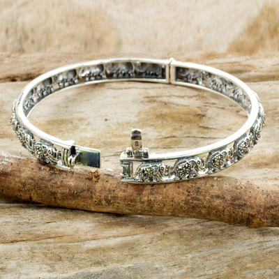 Marcasite bangle bracelet, 'Elephants of Siam' - Glistening Marcasite Elephants on 925 Silver Bracelet