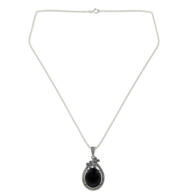 Onyx and marcasite flower necklace, 'Midnight Daisies' - Sterling Silver Flower Necklace with Onyx and Marcasite