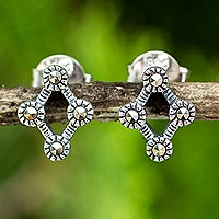 Marcasite button earrings, 'Points of Light' - Rhombus Shaped Sterling Silver and Marcasite Earrings